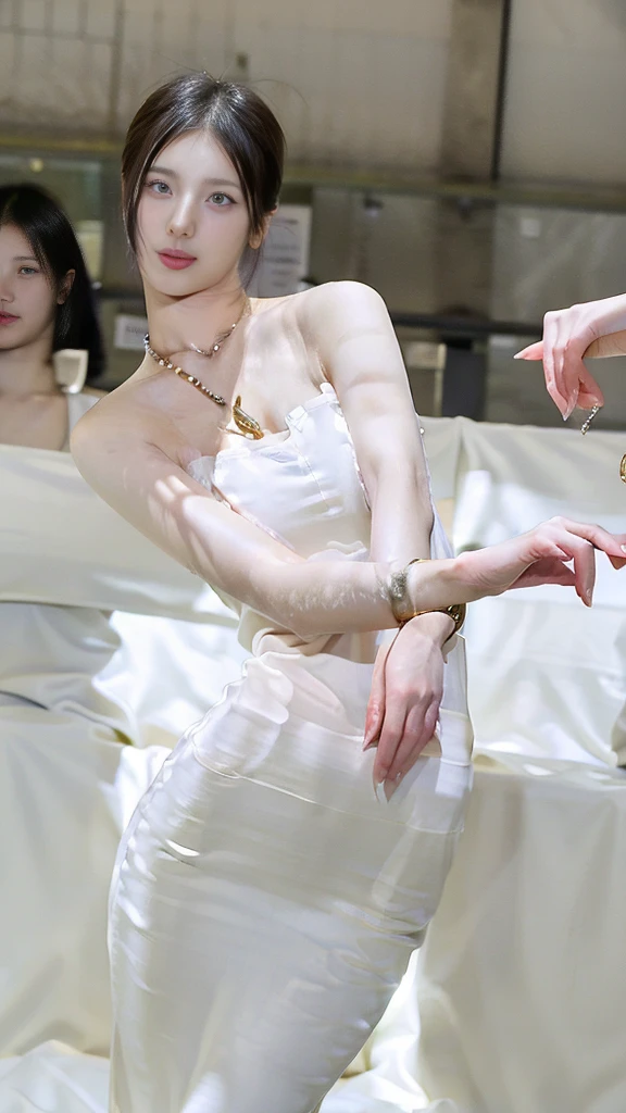 (((short-torsoed Japanese girls tied up by chain,arms up))), natural front lighting, ultra sharp focus, braided twin hair, large eyes with long eyelashes and double eyelids, dynamic angle,red lip,smile, (huge breasts), (full body shot:2), (slender waist),(thin long legs), wearing wedding dress