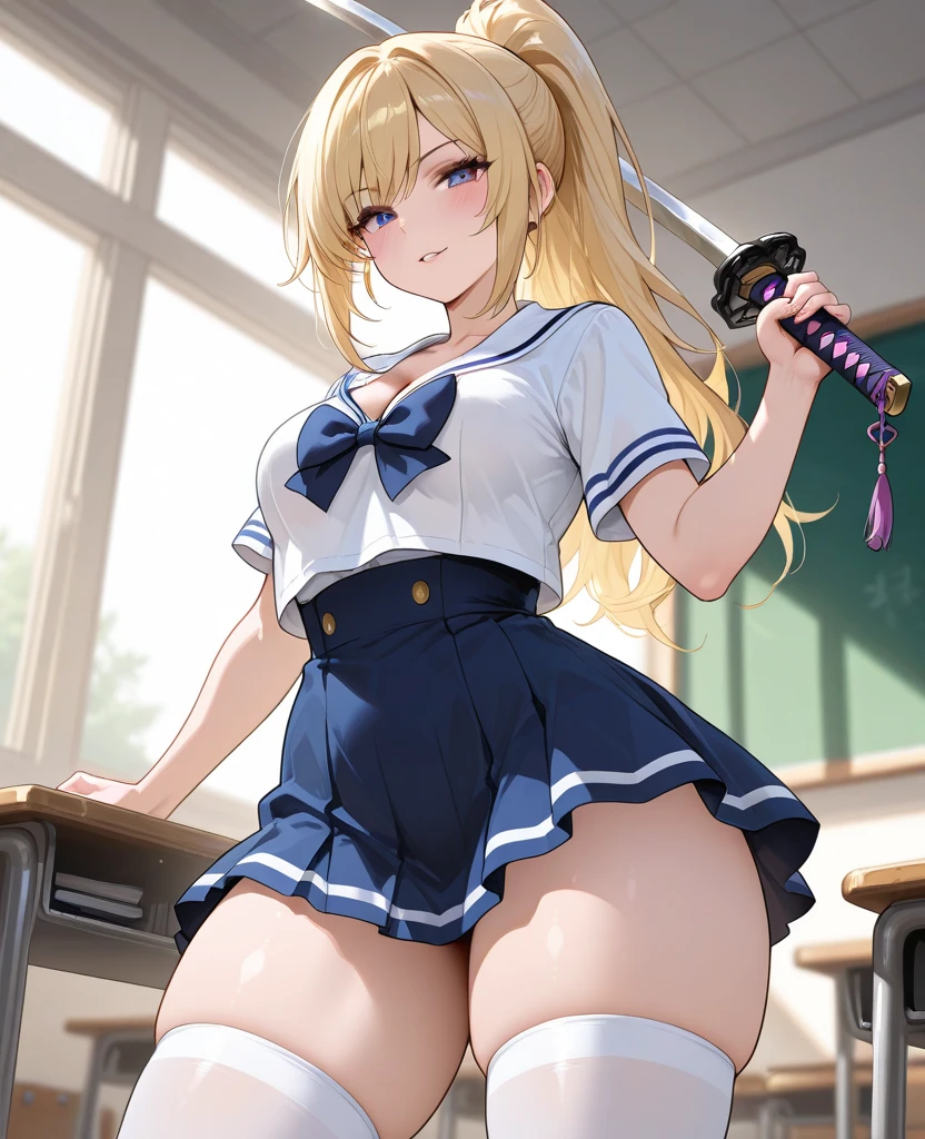 top-quality、realistic touch,high-detail、photoRealstic、thin-waist、captive beauty、big eye、solid platinum-blonde eyelashes、platinum-blonde、full body Esbian、Sparkling eyes、Submissive smile、Flushed cheeks、Kamimei、thin-waist、Voluptuous thighs、Enraptured look、In the classroom of the school、Navel look、She is in estrus、a sailor suit、cocky expression、Colossal tits、Super short skirt with V-line visible、Camera angle from below、Big breasts visible between uniform and stomach、Sleeveless、Squat with open legs