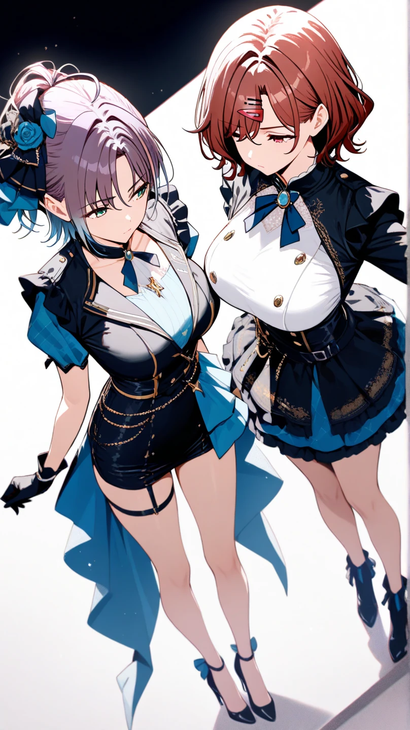 2 girls、 {{Master peace}}, short wavy hair, navy hair, black cat ear, Blue eyes,military outfit、embracing each other、{{Master peace}}, {{{maximum quality}}}, {{ultra- detailed}}, {{illustration}}, short hair,Purple eyes,Black hair,military outfit、embracing each other、Battlefield Background、
