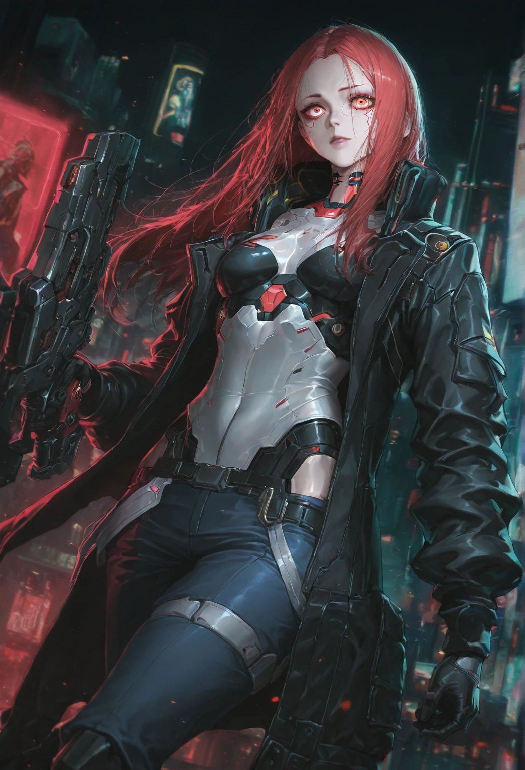 View from below, angle from below, flat horizon photo, Girl android , she has long red hair, she has a mask on her face, a respirator, a woman with sexy hips, half cyborg, nanotechnological modifications. Beautiful face, black metal cybernetic android robot body in black color, Large, wide hips, suit with red indicator lines with many red details, cybernetic armor with a red glow from under the joints and joints, she has blue eyes and stands tall , frame with a flat horizon, Anime Style Photography , Red Lasers, black background Cyberpunk style, the camera films Her from below, lower angle of photography, black background image of a night black city and red neon lights, red lamps, red lighting, red flashes in the background