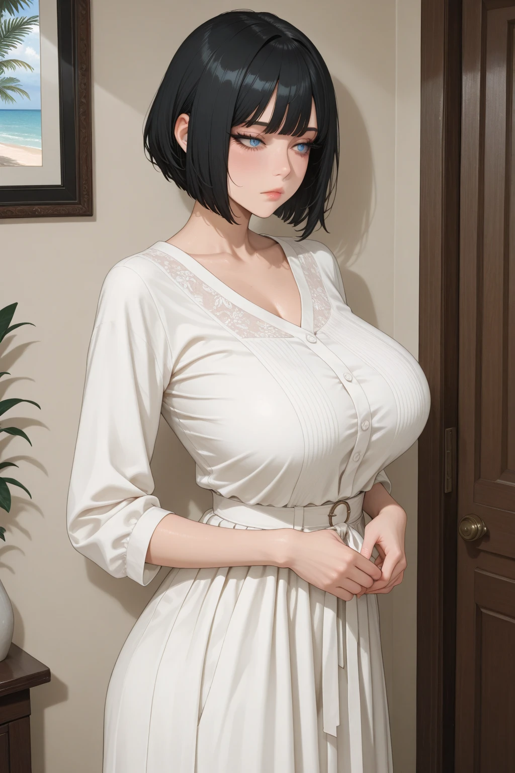 Cool Beauty,looks delicious, Curl Bob Hairstyles, (He's only wearing a sheer white shirt., Showing cleavage, Off the shoulder), Show off your thighs, Plump body, Huge breasts, Full body photo, Lying in bed, Seductive pose.