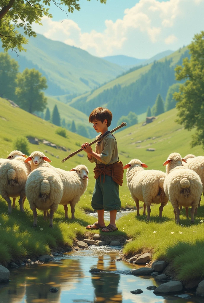 Imagine a boy in the Middle Ages playing in the field with the sheep.. This one is walking on stilts.