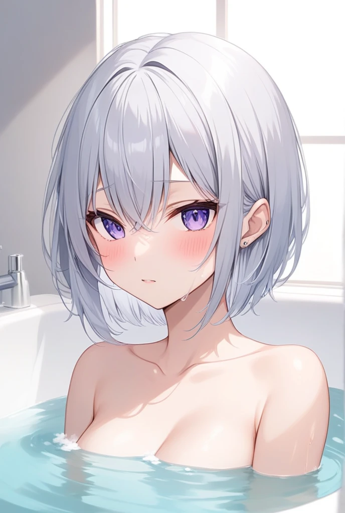gentle and charming Chinese beautiful woman, Bust Photo, Delicate and sexy collarbone, charming goose egg face, 二重まぶた, Bright peach blossom eyes, Red-pink lips, a small nose, exposed bare shoulders,,, hyper HD, super detailing, hot onsen, Ultra-fine translucent wet yarn,huge tit,tits out,Wet with sweat,silber hair,short-haired,Raise one leg,laying on back