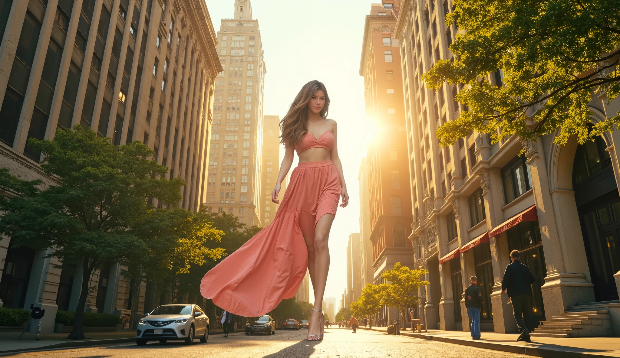 15 year old giantess girl in dress walking through the street,towering skyscrapers,smiling,sunny,best quality,4k,8k,high resolution,masterpiece,ultra-detailed,realistic,photorealistic,photo-realistic,HDR,UHD,studio lighting,ultra-fine painting,sharp focus,physically-based rendering,extreme detail description,professional,vivid colors,bokeh,cinematic lighting,dramatic atmosphere,volumetric fog,sun rays,ornate victorian architecture,lush greenery,cobblestone road,people watching in awe