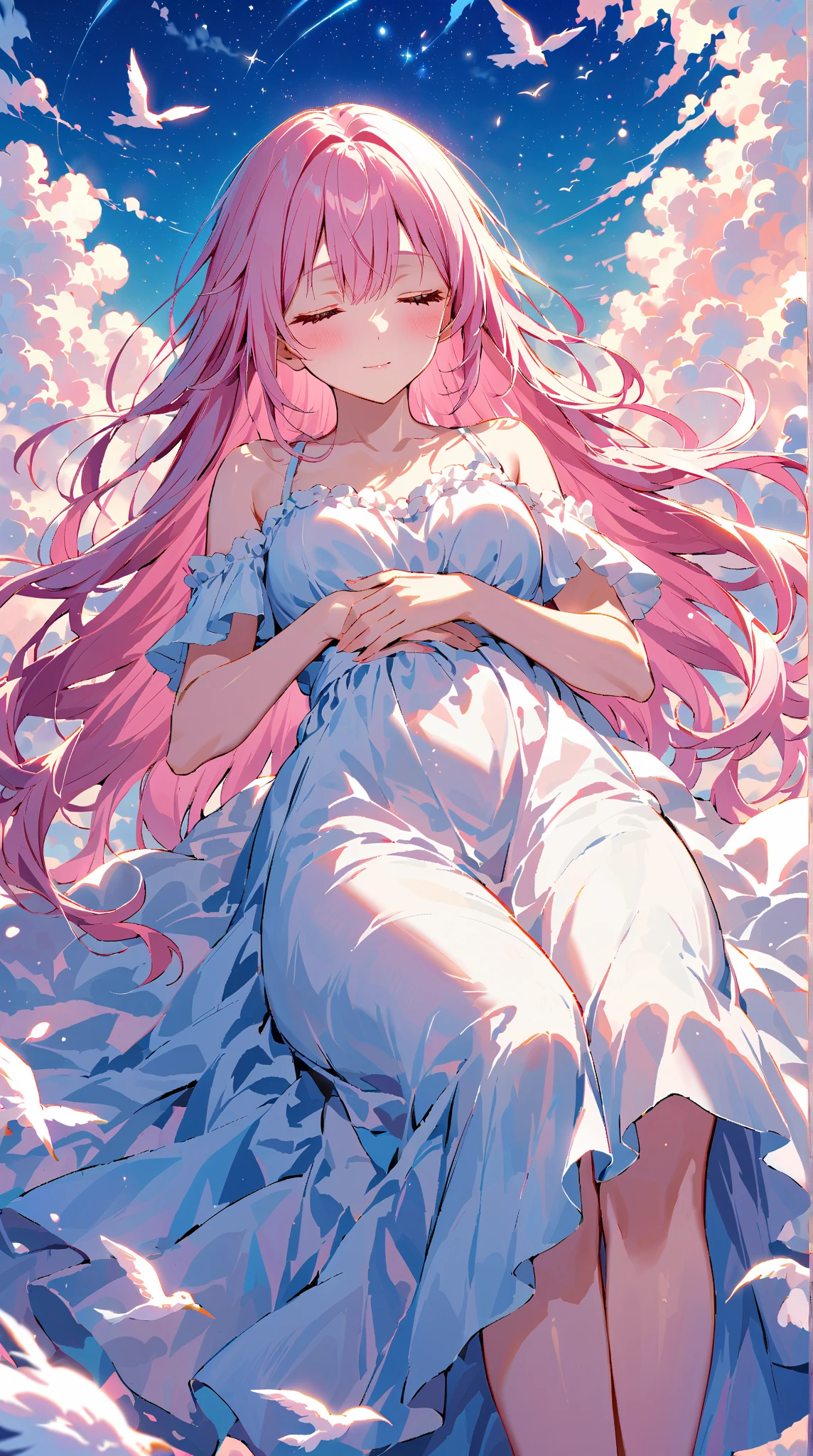 wears a white dress,Long pink hair,Bare breasts,,Disdainful eyes,Stretch out and lie on the bed,Beautiful loli