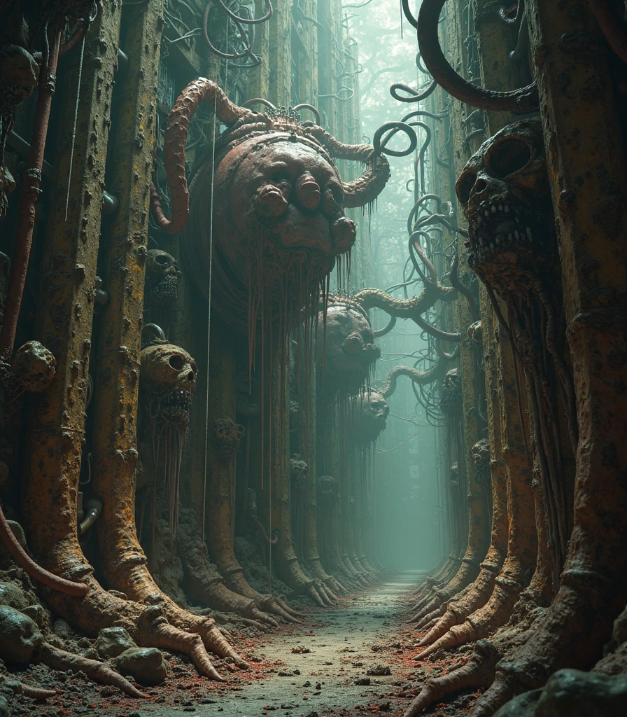 Horror, spooky, frightening, secret terror, tentacles, vines, eyes, uncanny valley effect teeth, limbs, animals, plants, buildings