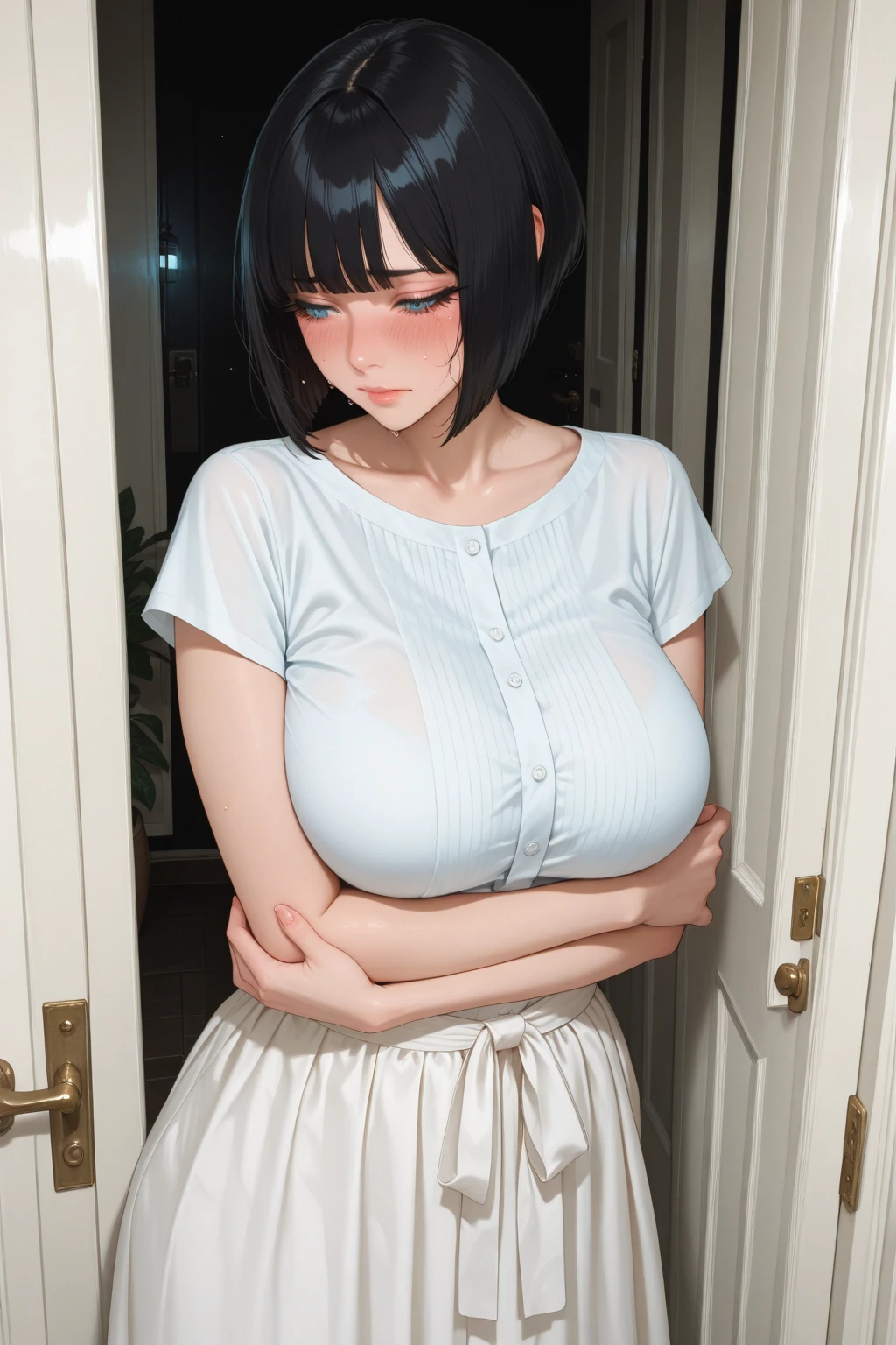 Masterpiece, best quality. (hyper-realistic:1.4) , (cowboy shot:1.5),

Rem from rezero, (remrin), cute, lustrous skin, enchanting gaze, blue hair, short hair, (hair over one eye:1.3), blue eyes, NSFW, (NAKED BREASTS:1.5), roswaal mansion maid uniform, black skirt, garter belt, intricate lace, apron, white thighhighs, looking at viewer, strongly ashamed, embarrased, blushing, epic, cinematic, dramatic, reflective, shining, purple glow, big breasts, cleavage, sexy, modeling pose, turned, (LIFTING_HER_SKIRT:1.5), (rear view, from behind, spread anus)

smooth perfect skin, smooth_skin

Beautiful、big breasts, 

FULL BODY SHOT, ultra wide angle, textured skin, face detail, clean skin, perfect hands, perfect anatomy, anatomically correct,

(Realistic bedroom background:1.2)