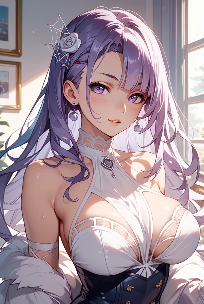 (Highest quality)+,(On the table)++,(Very detailed)++, 傑作 Highest quality 超微細イラスト 高精細照明 完璧な照明, (1 bride:1.3),, first-rate female bodies, Perfect body, Beautiful breasts, View from the front, From above, Delicate luster, Beautiful and delicate eyes, Cute face, Beautiful Lips, Girl surrounded by crystals, blue eyes, Beautiful lilac hair, Beautiful iris eyes, Beautiful long messy hair, Sexy Bride,sexy wedding dress, glow effect lens flare lotion gloss shine holy light background sunlight, white,Silver High Heels, Looking at the audience,