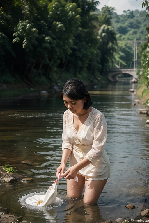 create an image, of a girl with short black hair playing with flowers and fish, something magical and deep, with a semi royal style, magical and fun atmosphere, happy girl in a beautiful dress 
