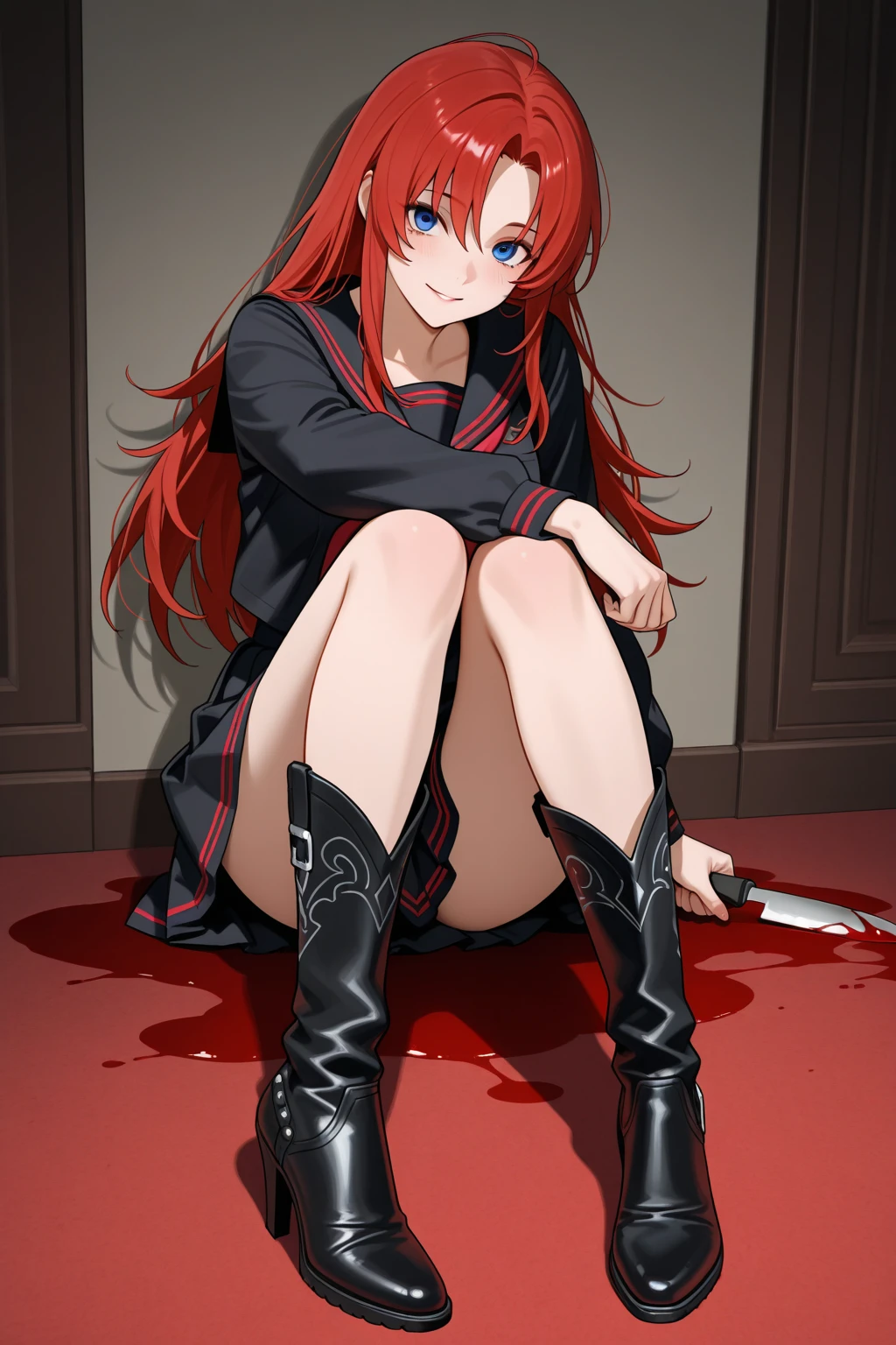 Anime style. Red long low ponytail, green eyed, serial killer woman wearing a tight black top and a plaid skirt. accessorizing with high heels and fishnet stockings. She is holding a bloody knife. An evil smile across her crimson lipgloss covered lips.she is torturing her victim, a young man who is tied to a chair.  He is scared.