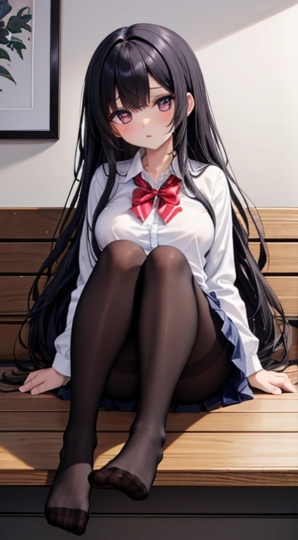 (8K、Best image quality、Highest quality、masterpiece)、One tall girl、((Full body))、Sit on the floor with your legs spread apart、White panties are visible、Long Hair、Wavy Hair、blush、Moderate bust、White collared shirt、Short sleeve、((Plaid pleated mini skirt))、Classroom Background、((black tights))、Black Pantyhose、((No shoes))