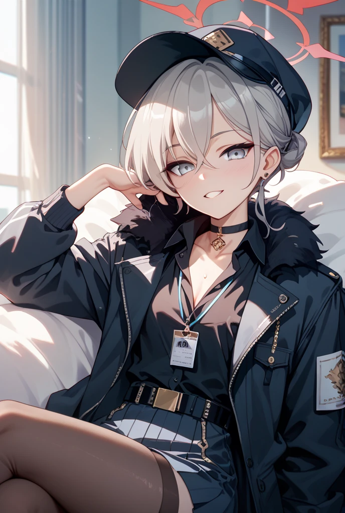 masterpiece, best quality, solo, (upper body:1.1), medium breasts, 1girl, solo, (ruffling hair, messy hair:1.1), medium hair, white hair, best quality, ultra detailed, 1girl, solo, medium hair, blunt bangs, does not look at the viewer, round sunglasses, white shirt, long sleeve, tie, tight black pants, long black gloves, beautiful skin, dramatic lighting, high quality, perfectionism, shiny skin, black coat drooping, full body, both eyes covered, ((perfect hand: 1.2)), earrings, beautiful lips, cute face, sexy, posing, cute nose, sitting in a chair, looking at the viewer, bar background, night