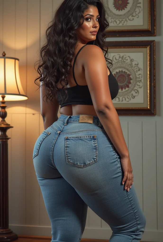 (Ultra high definition: 1.5), (Photorealistic: 1.4), (8K: 1), A stunning image of a big-bodied woman wearing denim shorts that accentuate her curvaceous, spread out behind her. Her voluptuous black derriere takes center stage in this ultra-detailed and realistic representation. The resolution is so high that every texture and contour is visible, from the faded denim of the shorts to the rich, glossy blackness of her skin. This image is sure to leave a lasting impression, capturing every intricacy of this captivating figure. (Big and beautiful, curvaceous, black woman, boot