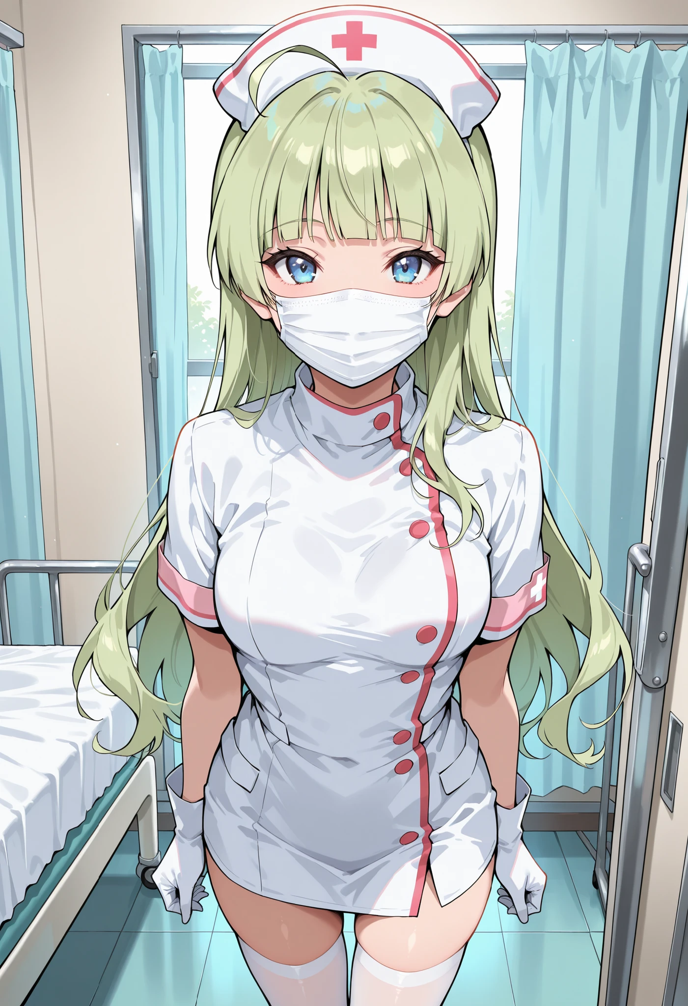 1 female, alone, nurse, nurse cap, Whiteware, ((white legwear, zettai ryouiki)), white gloves, amount, long hair, green hair, pink eyes, ((white surgical mask, Covered nose)), Are standing, ((hospital room)), sharp outline, short sleeve, mature woman, 35 years old, highest quality, masterpiece