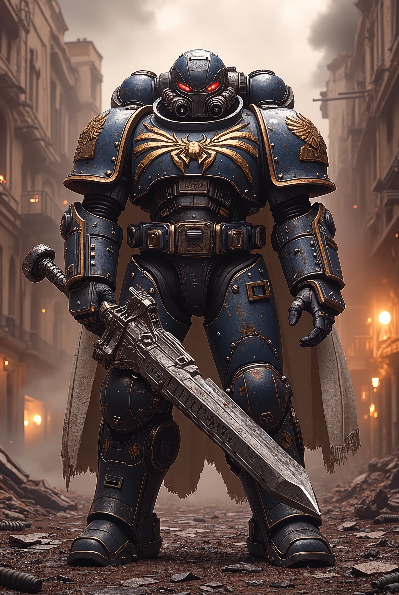 A hyper-detailed, full-body portrait of a grimdark superhero — the Astartes Spider-Man — reimagined in WWI Stormtrooper fashion, standing amidst the ruins of a chaotic, dystopian city at dawn. His power armor is heavily inspired by Warhammer 40K Space Marines, infused with WWI trench aesthetics: leather straps, metal rivets, bolted plates, and a worn trench coat-like white cloak draped over one shoulder, frayed from battle.
The helmet resembles a fusion of arachnid and gas-mask design, with glowing red optics, external rebreather canisters, and etched runes across its domed top.
A SPIDER emblem, crude and militant, is stamped across his armored chest. His chainsword, held loosely at his side, glows faintly with golden runes, its jagged teeth slick with dust and ash.
The background burns with industrial collapse — collapsed gothic buildings, trench barricades, and broken mechanized wreckage. Debris scatters around him: rusted steel, spent shells, and gas-leaking canisters.
Lighting: harsh dawn glare through smoke, casting deep shadows; warm highlights reflect off engraved metallic armor.
Camera: front-facing, full-body, cinematic close-up.
Style: ultra-realistic digital painting, official art style, 32k resolution, high texture detail, film grain overlay, reversal film effect.
Mood: gritty, grimdark, war-torn silence before the storm.