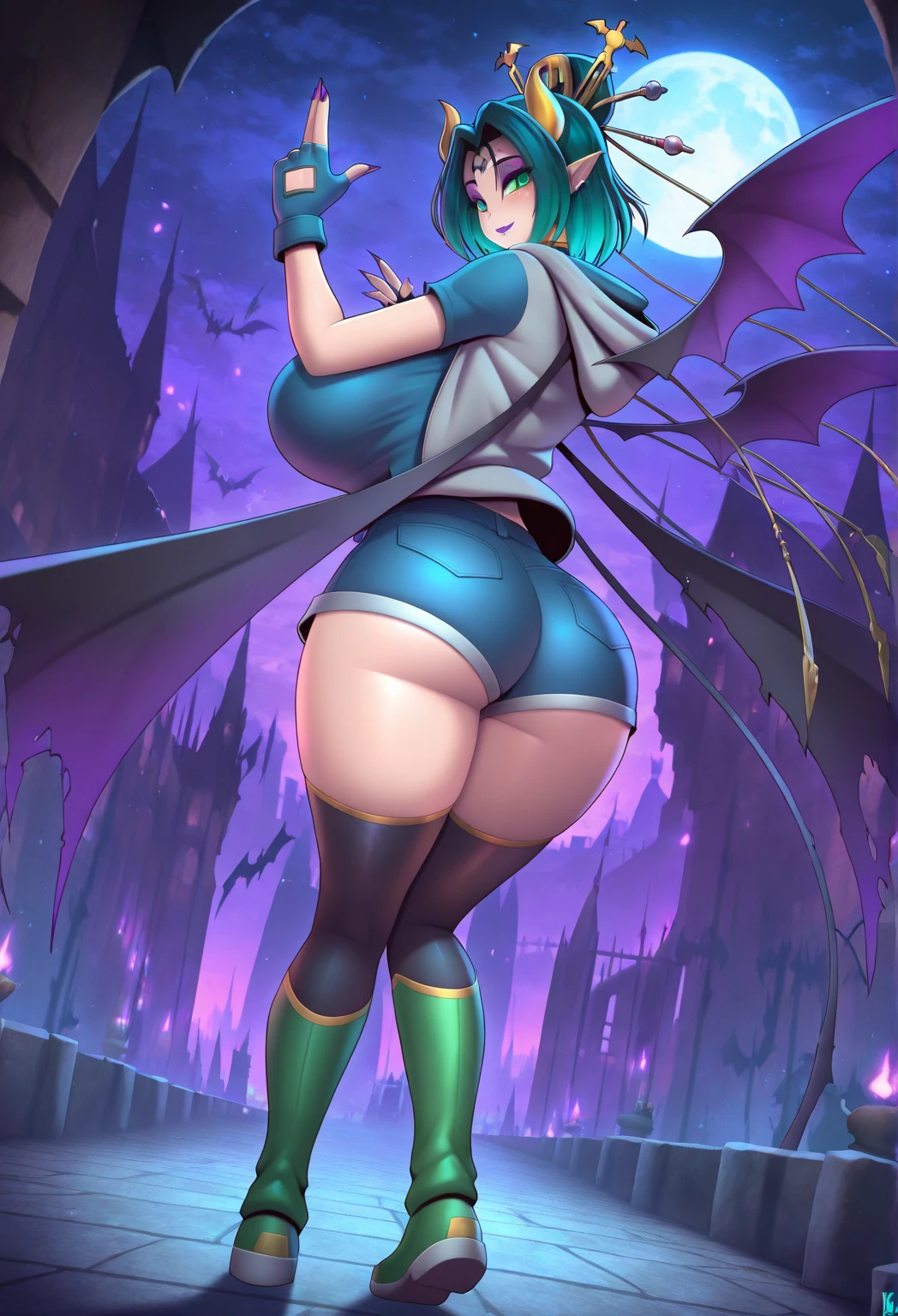 1girl,solo,super detailed skin,shiny skin,wet oily skin,natural face,mini wings, majestic halo, angelic skin, deep detailed eyes,eyelashes, large breasts,beautifully shaped ass,vibrant colors,standing,night ruins,bent over,cameltoe,back shot,from behind,masterpiece,best quality,ultra detailed,high resolution,sharp focus,depth of field,