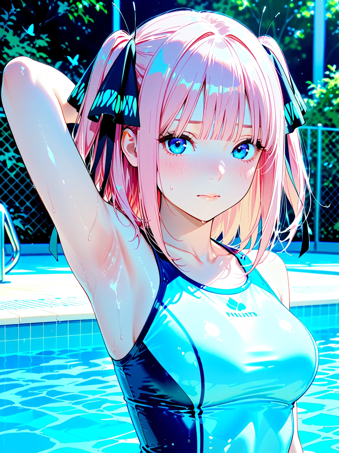 (best quality, masterpiece), 1 girl, centaur, It takes, White skin, Korean woman, black pink,Smiling, exposing the abdomen, belly button t-shirt ,swimming pool, 아름다운 소녀 perfect white tiger photo, perfect white tiger photo