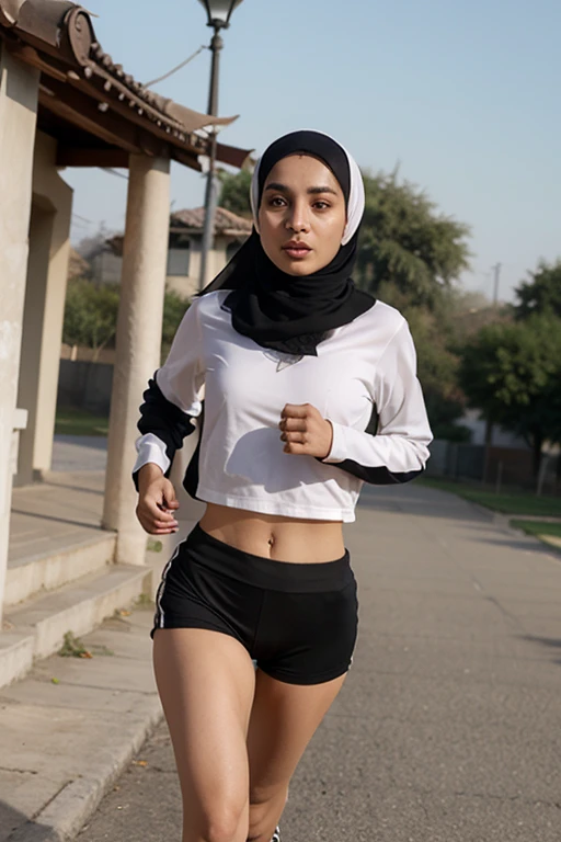 ((best quality)), ((masterpiece)), ((realistic)), ((full body)), 16-year-old girl, teen girl, cute face, mesmerizing blue eyes, extremely detailed, white skin tone, skin with pores, wearing hijab, wearing grey leggings,wearing long sleeves white t shirt, fit body, view from front,, walking in park, shallow depth of field