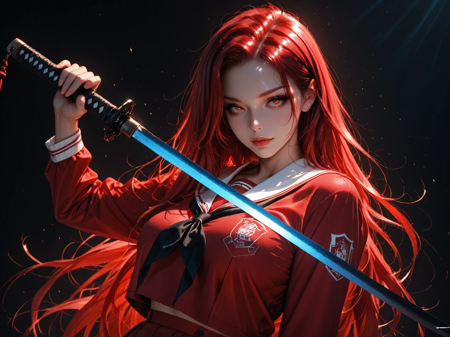 Make an anime character with two red and all green electric katanas