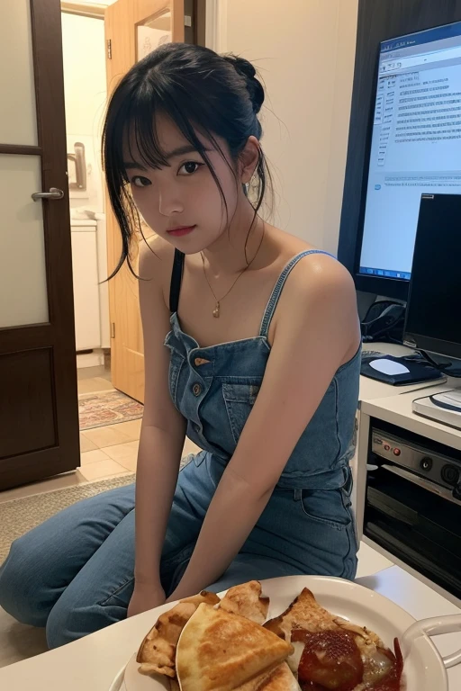 ((Realistic lighting, Best quality, 8K, Masterpiece: 1.3)), Clear focus: 1.2, 1girl, Perfect body beauty: 1.4, Slim abs: 1.1, ((dark brown hair)), (Fashion suspenders: 1.4), (Outdoor, seaside: 1.1), Super fine face, fine eyes, double eyelids, sitting on bed, flushed complexion,