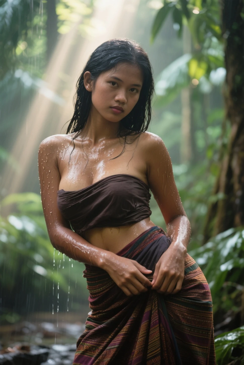 ((top quality)), ((masterpiece)), ((detailed body)), ((detailed hands)), a twenty one years old very beautiful naked Javanese girl, very sweaty, thick hairy armpits, hairy pussies, totally naked, muscular abs, raise her hands high, she is not wearing single piece of clothing, crying, gets her breasts pierced by nails
