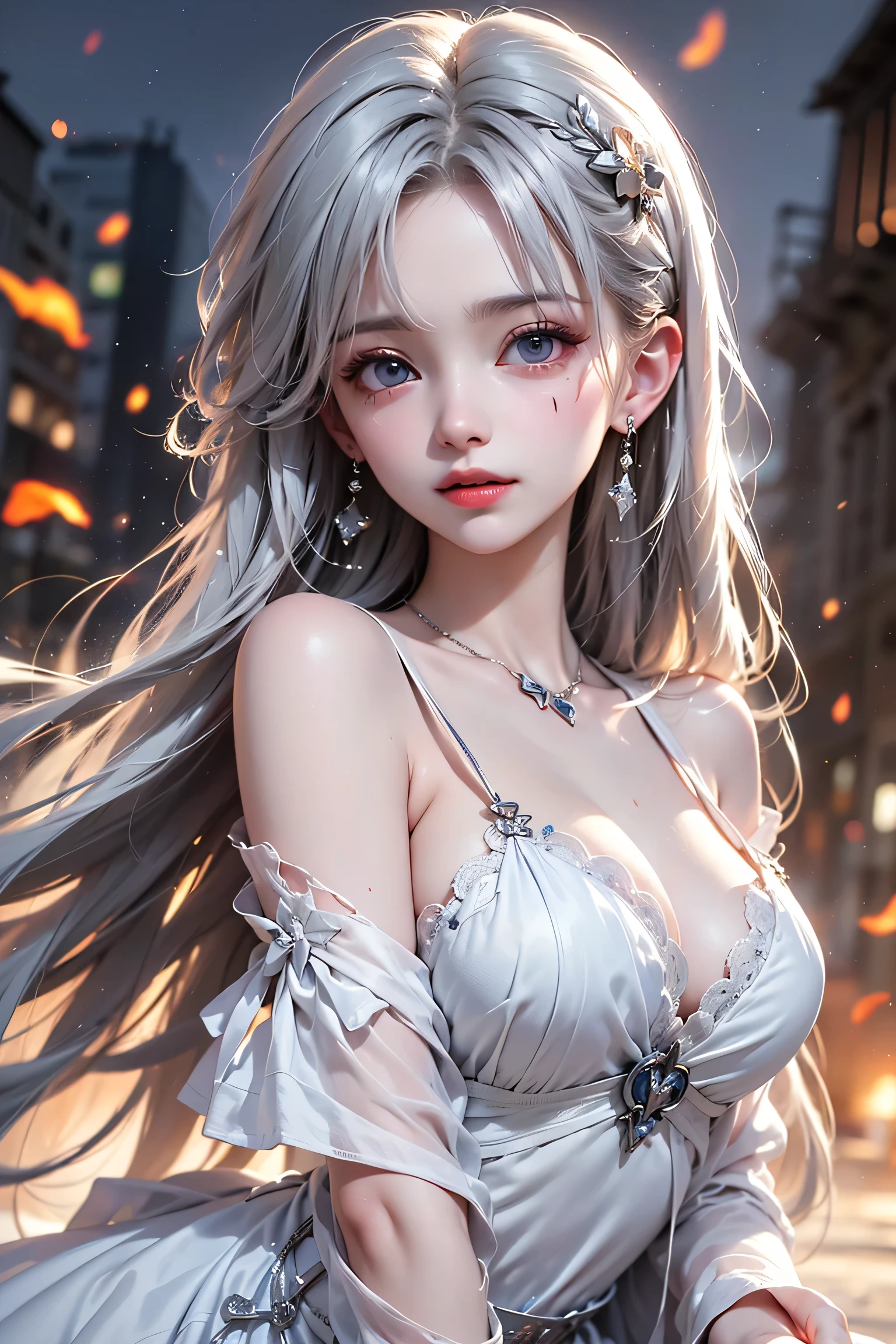 (Close-up image)((masterpiece:1.5,Highest quality,Highly detailed images,Beautiful images、Realistic、Photorealistic、2.5D))(1girl, solo,)(Adult women、medium beautiful breasts, white hair, beautiful eyes、Beautiful cleavage)(cleavage_cutout, silk, Long dress)(smile, wind, floating hair)(dark、Soft lighting、Fantastic Background)