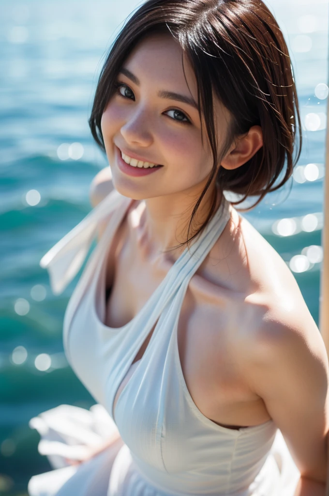So cute like an idol、Cute and adorable、Looks young, 優しいsmile、Highly detailed CG Unity 8k highest quality, masterpiece, (Realistic,Realistic,Realistic:1.37)、(((Realistic skin texture、Skin pores))),,,Physically Based Rendering,Attention to detail,Angle from below、Downward-facing camera angle,白いgood,thin、写真のようにRealistic, Highly detailed beautiful woman, 24-years-old, (((Browsing Caution、good、立っているPee、Pussy、Pee)))、((pubic hair))、(((Pussy)))、Cleavage , (((Hair tied up))), Round eyes, Realistic female hands、audience, blush, (smile), ((beautiふul woman on the beach))、Lips parted, I took a full body picture、Pissing upright on the beach、Private beach、f/1.2, Sony FE GM, Exposure, lens flare