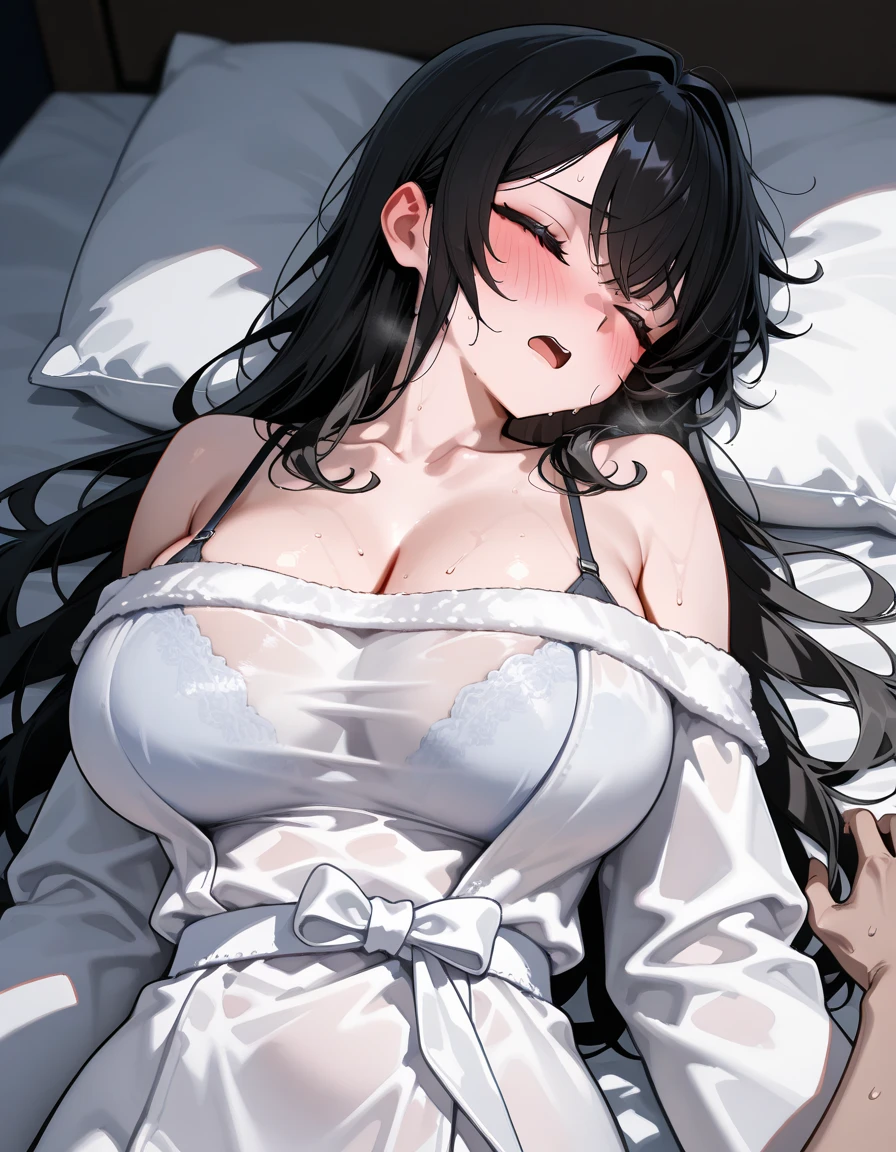 (A woman with big tits)，Charming，clavicle，Gemstone Necklace，Off-shoulder nightdress，short dress，Lace，Intricate details，Beautifully，Charm，Lying in bed，(blush)，