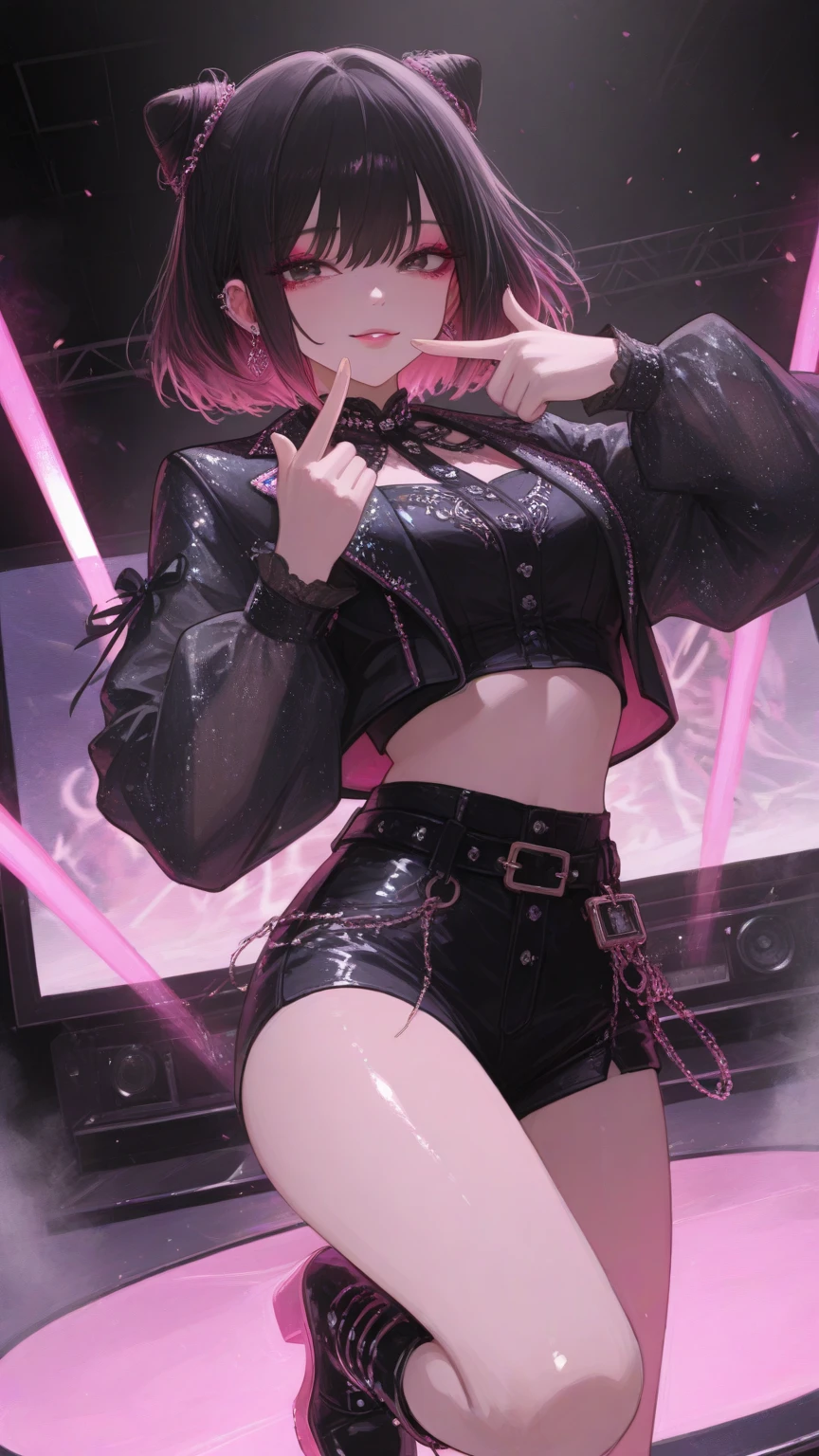 highest quality, clear and well-groomed face, Clear, bright and shining eyes, long eyelashes, punk girl, earrings, body tattoo, Navel exposed, Obscene lines, toned abdomen, super mini skirt, belt, sit, Open your legs to show your pants, Underbust visible,