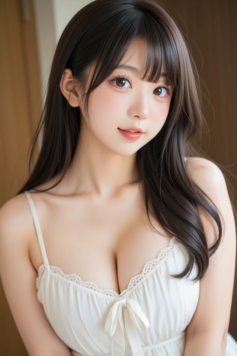 18 year old beautiful girl, Big eyes, Large breasts, Petite and slender, 8K, of the highest quality, (Highly detailed head: 1.0), (Very detailed face: 1.0), (very detail hair: 1.0), maid clothes, high detailed official artwork, anime moe art style, clean detailed anime art, Smile, Black hair, Smooth long hair