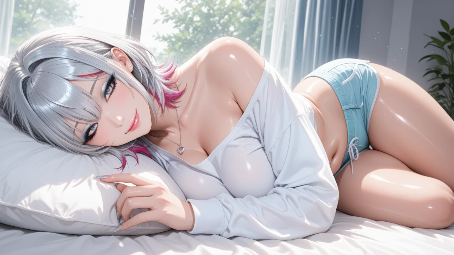 1.5),(1 girl),A Cup,Very small breasts,（extremely small breasts）,(Dynamic Pose),(multicolored hair+Silver hair:1.3+Red hair:1.2+Purple hair+Yellow hair:1.3+Green hair:1.3),(Blue eyes),(Neck ribbon),(floating),(cloud),(Random awkward poses),(Twilight),(watercolor paiting),(Wide Shot),（Accurate Hand Modeling),anklets,Sleeping in bed naked,Hands behind the head,Open your crotch,Turn your face away,Reluctant face,Scream,enjoy intense sex with men,convulsions,urinate,drenched masturbation,Touching the,