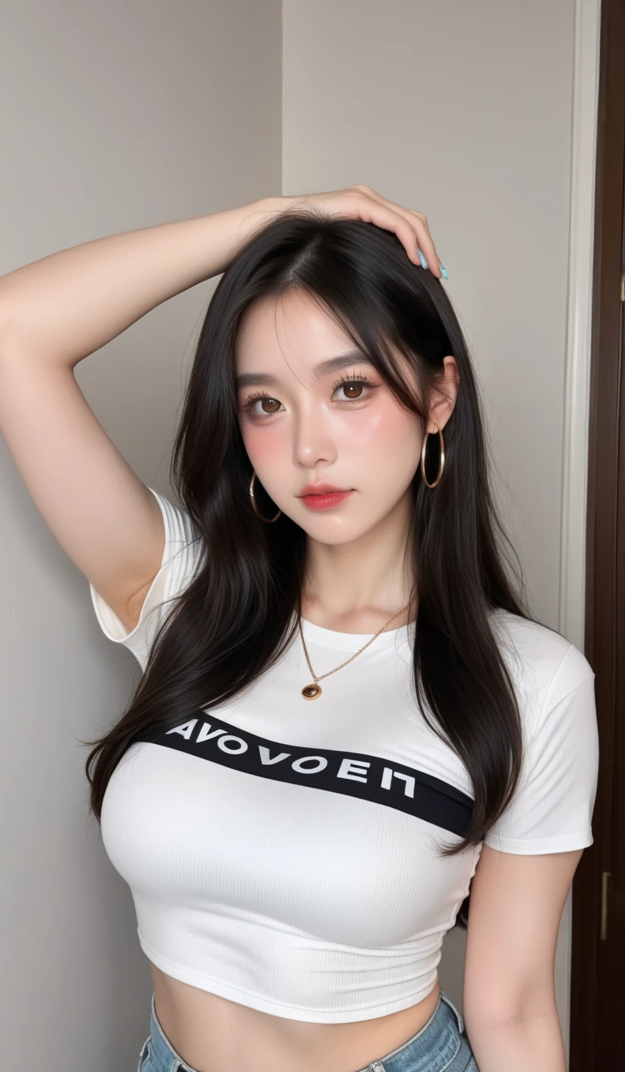 ((midynight, Need, 8k, tmasterpiece:1.3)), full bodyesbian, Long legs, Focalors:1.2, perfect figure beautiful woman:1.4, Slim abs:1.1, ((Dark brown hair, huge tit:1.2 )), (White tight short T-shirt, white stockings, standing on your feet:1.2), ((city night scene, the roof:1.3)), Highly detailed facial and skin texture, A detailed eye, 二重まぶた,Tattooed with,Umbilical nails