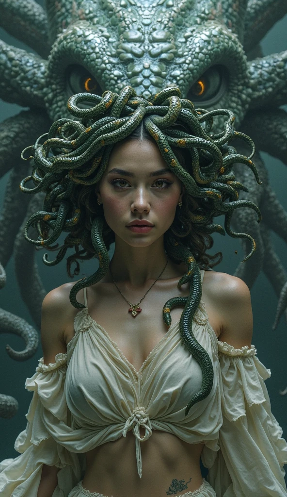 photorealistic:1.2, the Greek mythological creature Medusa, A very beautiful woman with a long hair made of snakes, her eyes are glowing, she is looking at the camera,she is an ancient geek temple, ancient Greek architecture, photorealistic, shot by ARRI ALEXA 65, 50mm lens, cinematic lighting, studio light, rim light, high contrast, soft colors