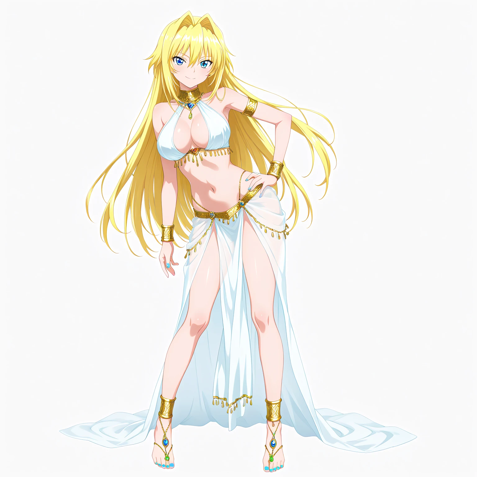 (plain background) (chest covered)(smile) gray skin, pale golden hair and violet eyes, huge knockers, full body standing symmetrical lustful smirking smile face red blush, pink painted nails, 1 girl full body standing straight symmetrical lustful smirking smile face red blushed, red cheeks, hands on hips