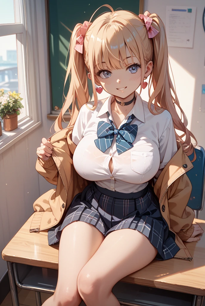 best quality,ultra-detailed,high resolution,extremely detailed CG,perfect anatomy,detailed,cinematic lighting,beautiful detailed eyes,ultra high res,pov,1girl,MILF,milf,gleaming skin,oil skin,large breasts,wide hips,skindantation,sweat,humid,clothed,curvy, (night:1.1),(moody lighting:1.3),(classroom:1.5),blue red pink white,dashed eyes,sheer bra,(seductive smile:1.8),(sweat:1.2),(open mouth:1.3),blonde,(serafuku:1.1),skirt,nsfw,(from above:1.5),kneeling floor,pov,(tongue out:1.7),(saliva trail:1.4)