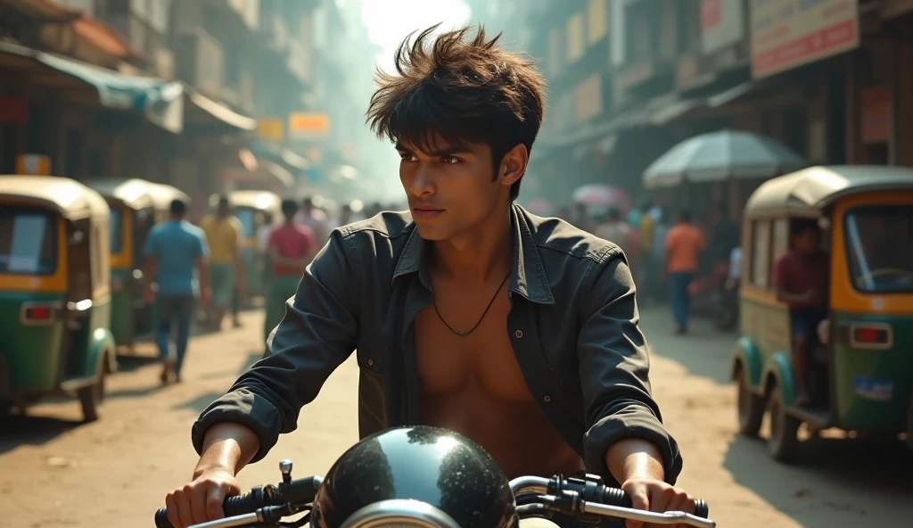 Shirtless and very sweaty boy riding on top of a powerful sport motorcycle