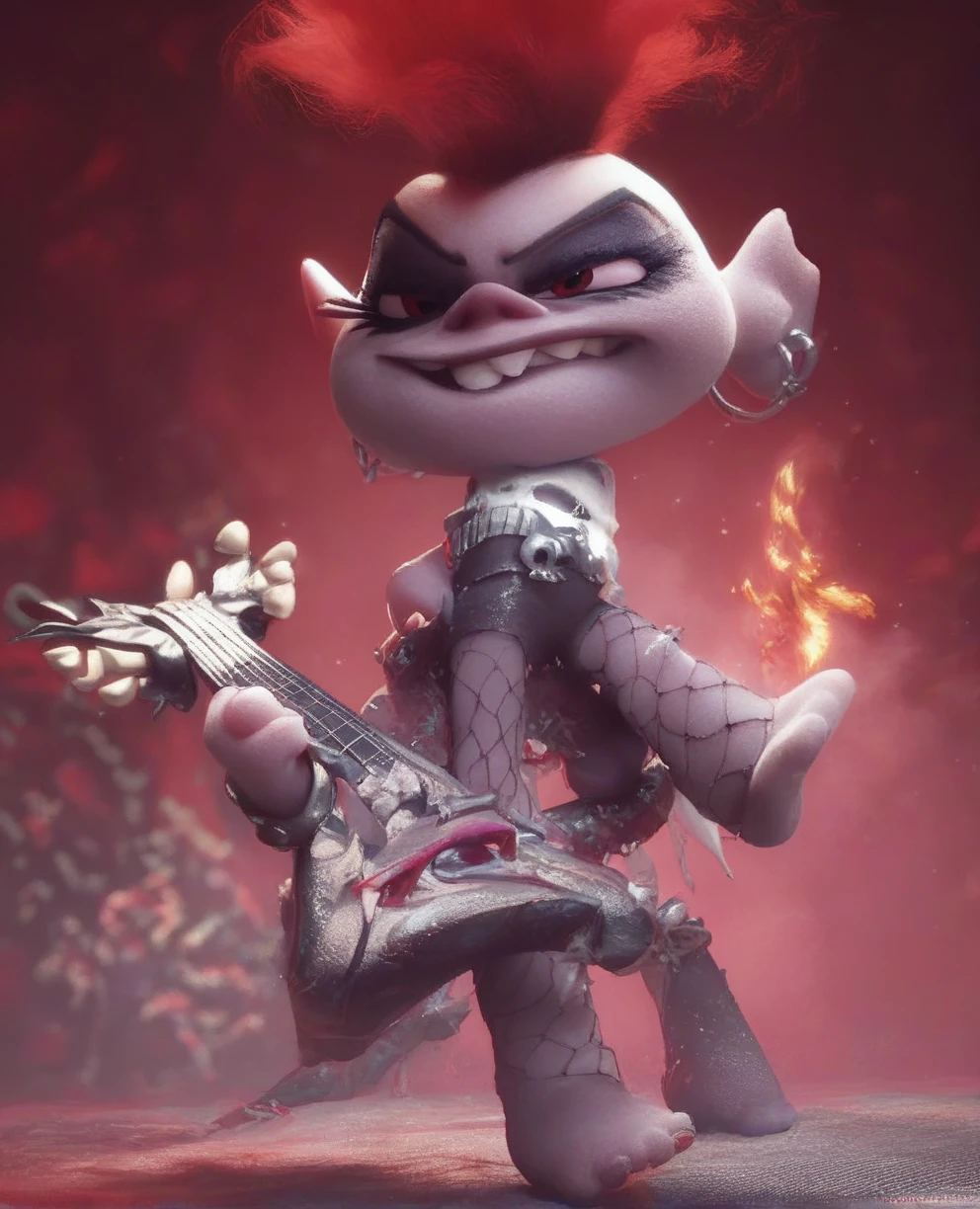 Queenbarb,red mohawk,pointy ears,red eyes, grey skin, make up,  chibi, solo,  crazy smile,  standing, thick legs,  eyes half open, smug, 
mini rock concert,  flames, speakers, 
(insanely detailed, beautiful detailed face, masterpiece, best quality)       <lora:Queenbarb:0.8>