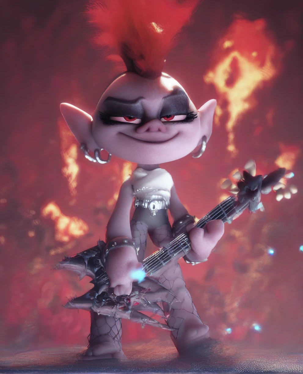 Queenbarb,red mohawk,pointy ears,red eyes, grey skin, make up,  chibi, solo,  crazy smile,  standing, thick legs,  eyes half open, smug, 
mini rock concert,  flames, speakers, 
(insanely detailed, beautiful detailed face, masterpiece, best quality)       <lora:Queenbarb:0.8>