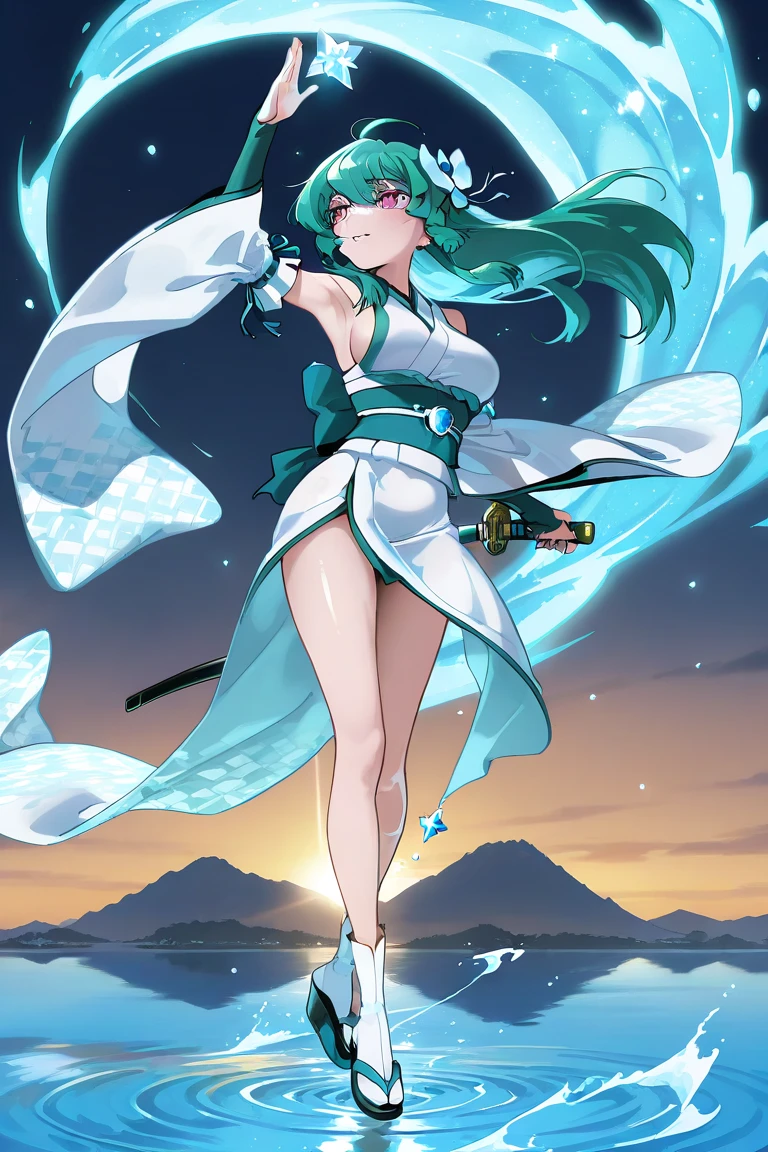 (1girl in),(High quality), (hight resolution), (Highly detailed), (in 8K),(lower body shot),Ram from Urusei Yatsura is wearing a kimono dress),(Wearing black pantyhose)No shoes,Perfect Lighting,(Beautifully erect nipple shape:1.1),hight resolutionの美しい目,(Neutral white lighting:1.2),simple background,