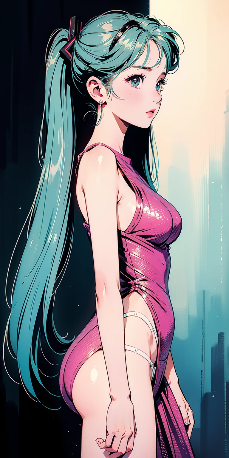 poster, 1girl, aqua hair, arms behind back, bangs, blue hair, blunt bangs, breasts, cowboy shot, dress, long hair, looking at viewer, medium breasts, pink dress, purple eyes, solo, standing, very long hair, yellow background,
<lora:PUNK-000005:.8>