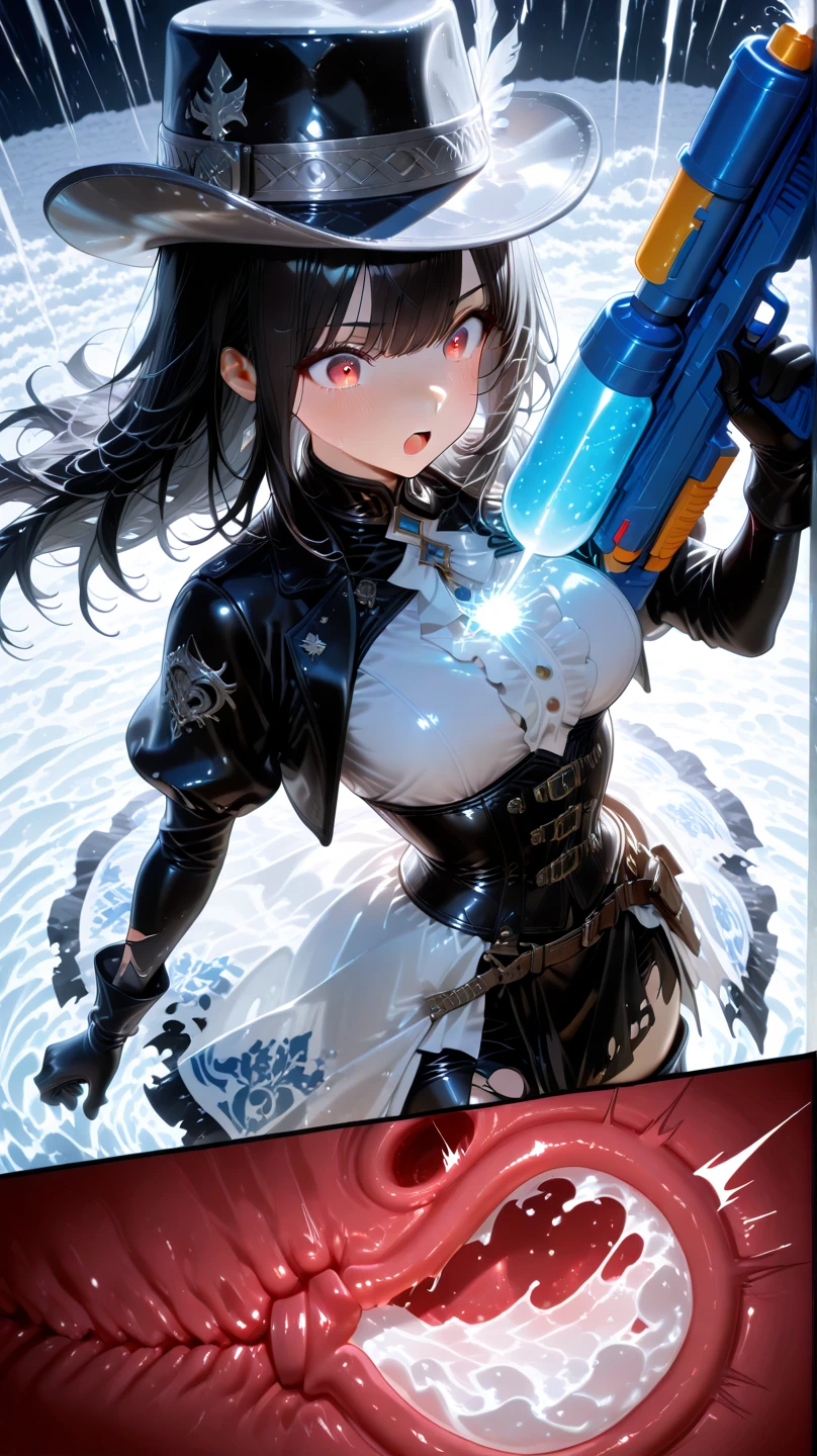 (small breasts:1.2), (perky chest:1.2), (pointed chest:1.2), (Pudding cake magazine cover:1.3),(from above:1.0),(shoot from the side:1.1),masterpiece, 1girl, Amazing Cleavage:1.1, thin waist, optimum,tmasterpiece,hight resolution,best qualtiy,hyper HD,super detailing,awardwinning,a 18yo cute girl,(The upper part of the body),anatomy correct,Beautiful Black miniskirt,garters,Gaze,Small face,bangss,holster,Beautuful Women,hands up,leg holster,Gaze,black boots,Cowboy Shot,cute face,a blond,Longhaire,Twin-tailed,Braids, Hairline,（scarlet eyes）,long eyelasher,Hanging eye corners,White skin of the, ((see through camisole:1.1)), ((Sheer nipples:1.0)),Rocket Tits,(Slim body),smile,seductive weak smiling,(with sparkling eyes and a contagious smile),little open mouth, Looking at Viewer, 