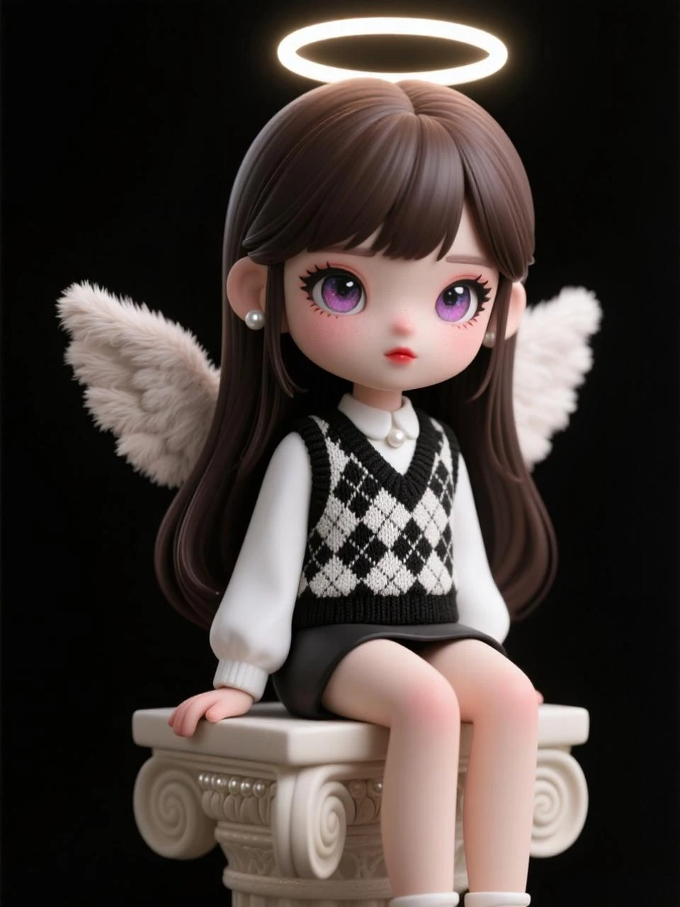​masterpiece、top-quality、ultra-detailliert、(Chibi Boy:1.2)Solo、Black short-haired、White Shirt Blouse、Angel wings、studio、Sit with your knees