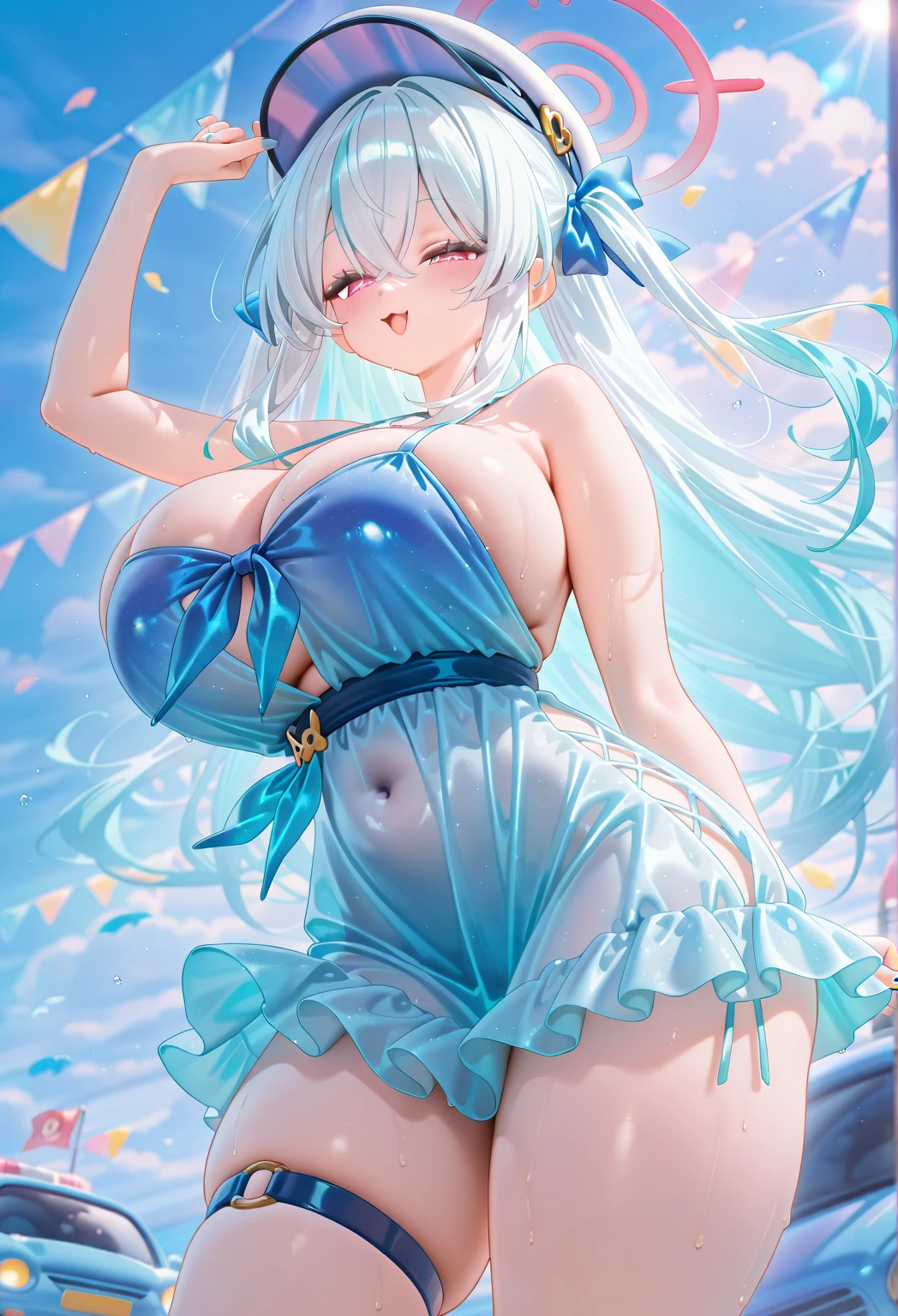 Highest quality、Highest quality、masterpiece、(8k resolution),beauty(Age 25)、((Mature Appearance))、Light blue long hair(Braiding of sides)、blue eyes、(Blue underwear with detailed embroidery)、(Elf)、Big cleavage、((Very large breasts))、smile、blue necklace、Blue Earrings、background(ice)、Please open your mouth wide、bracelet、Dynamic pose、Blue choker、Squint your eyes