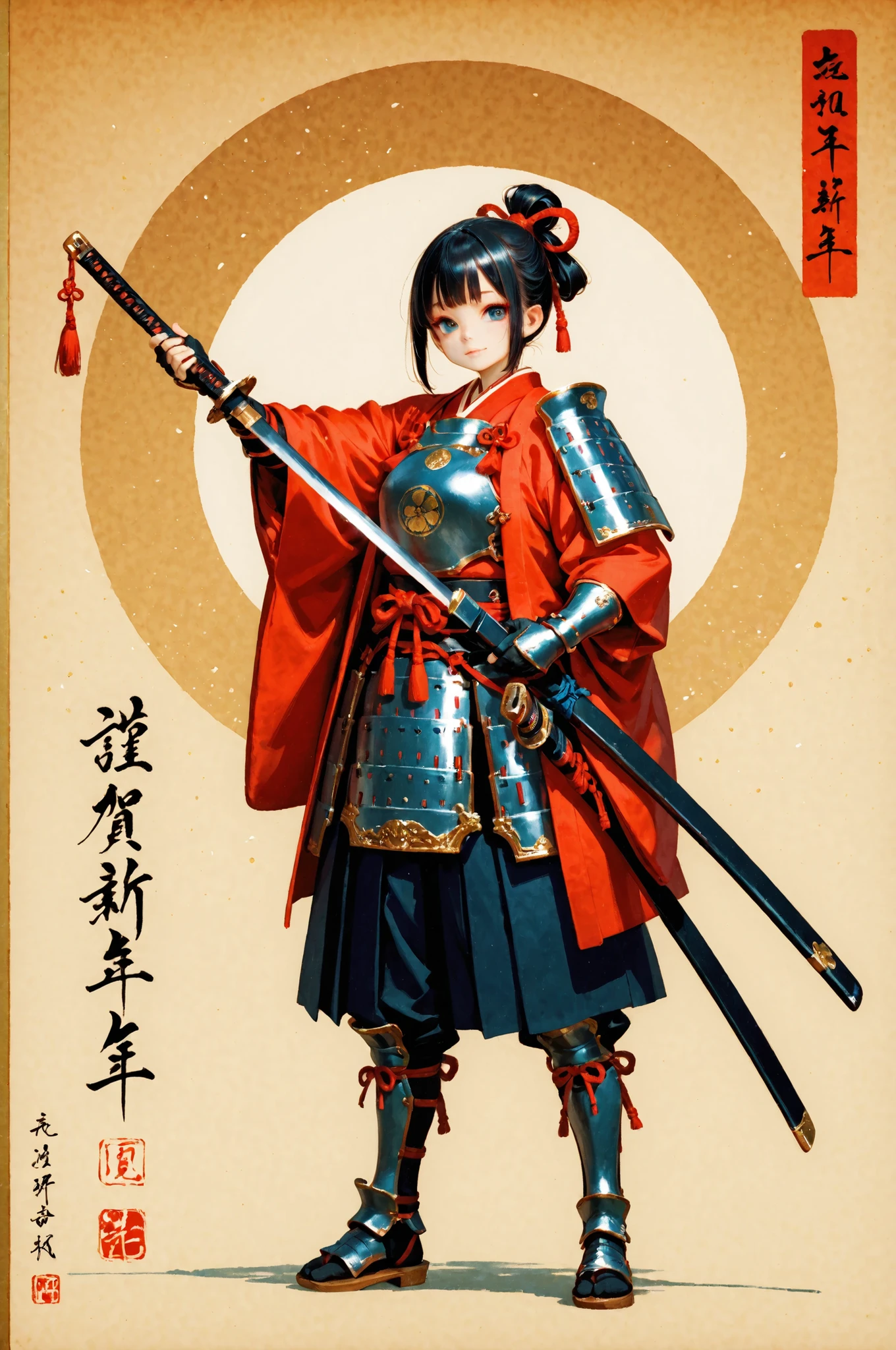 Armored Warrior matchlock Japanese sword Naginata Ukiyo-e moon uniform