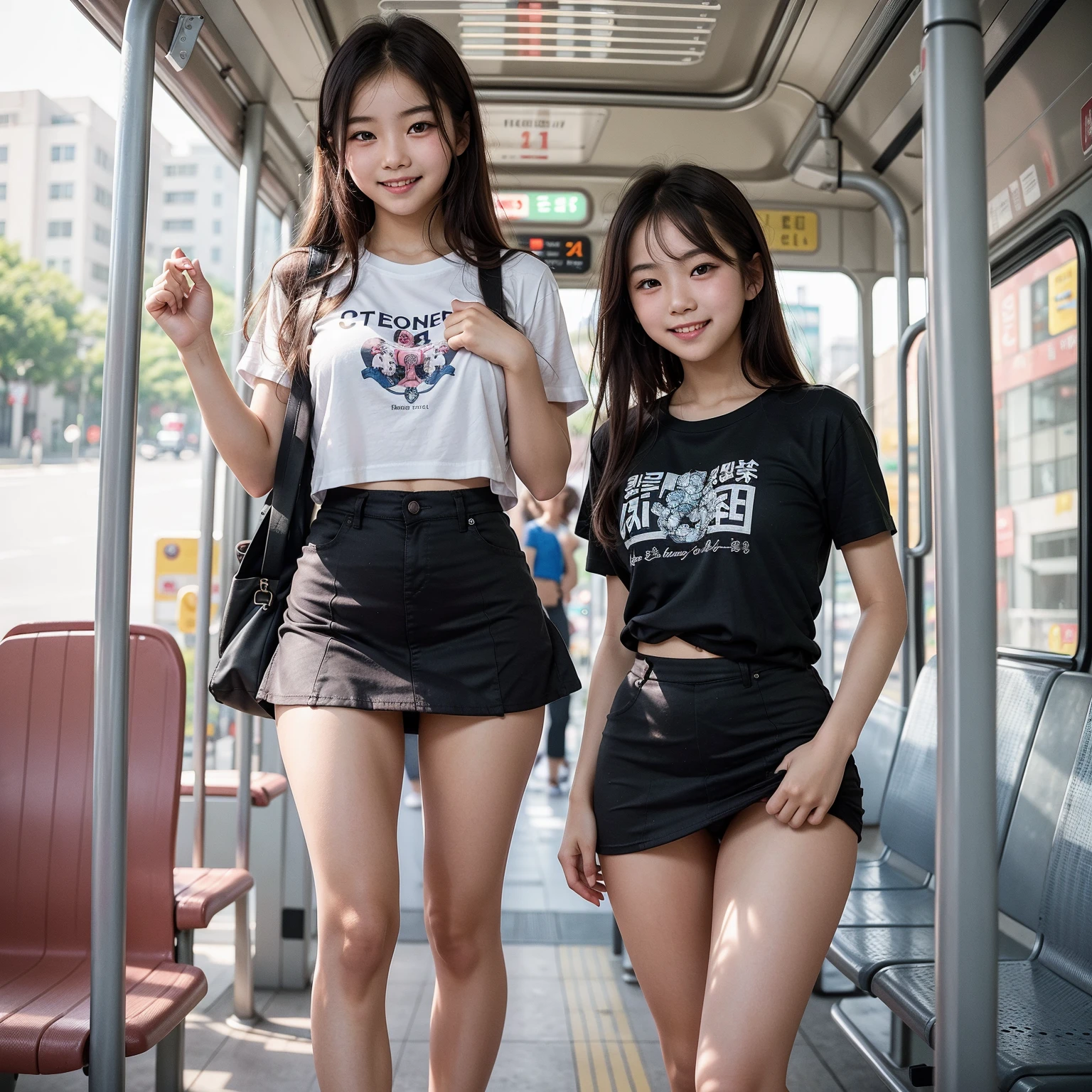 2 girls in, two girls, 13-year-old, in the schoolbus, (school shirt, panties) , realistic, long hair, jk bow, full body, zoomed out, 50mm, Nikon, f5.2, natural light, 8k, maximum quality,