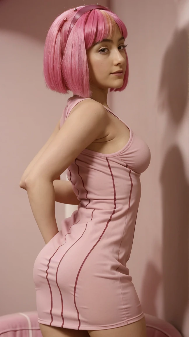 a close up of a woman wearing a pink skirt and a pink tank top, pink body, dressed in a pink dress, tight suit, Fitted garment, very Sexy outfit, cute girl in tank suit, pink tight mini skirt, wearing a cute top, Sexy outfit, pink dress, sexy dress, wearing simple, tight clothing, wearing a pink dress, tight shirt