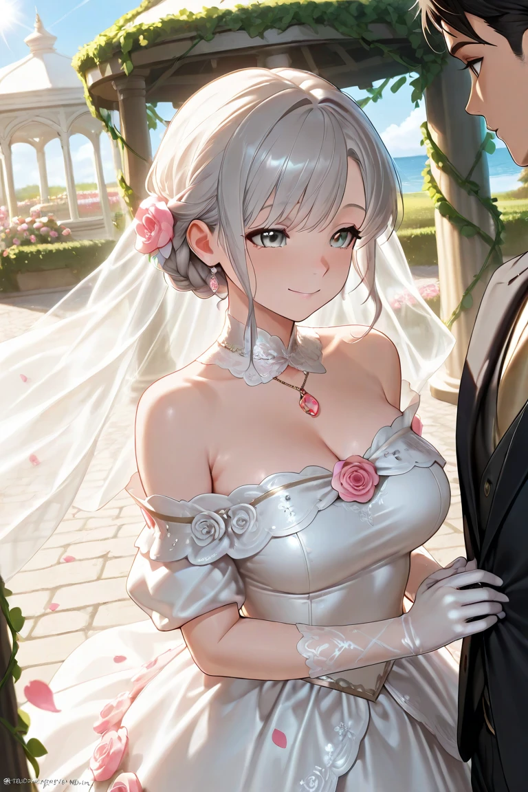 floral background, corruption, empty eyes, half-closed eyes, evil smile, no pupils, crazy smile, open mouth, 1girl, mejiro mcqueen, horse ears, solo, long hair, flower, dress, tiara, beautiful bride in bridal dress, Blushing face, Head flower, headgear, (tube top wedding dress:1.5), (silk dress:1.2), (strapless wedding dress:1.5), pure white dress, necklace, earrings, (large breasts:1.3), Neck ornaments, Deep V peach heart collar wedding dress, Bouquet, lipstick, (White long elbow gloves:1.3), (Bridal veil:1.2), (Transparent short veil:1.2), upper body, parted bangs, very long hair, blue dress, frills, bangs, closed mouth, detailed eyes, gleaming skin, shiny glossy skin