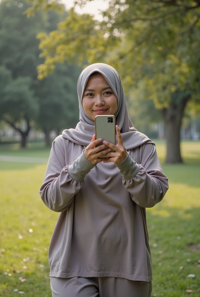real photography, beautiful girl,wearing glasses,wear a facemask,wear a gray hijab, White shirt,in the park on the edge of a clear river, holding a cell phone, cloudy weather