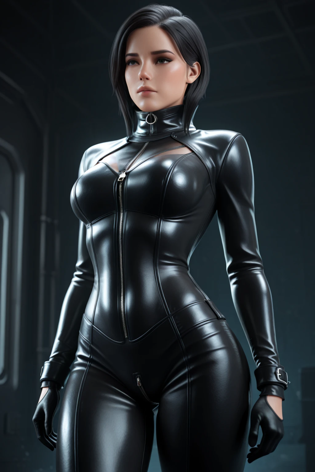 epic photograph of a sexy young woman wearing ciberpunk suit, (cyber girl_No_V2:0.9), curved, ciberpunk, corpo todo, traje furtivo (cabelo longo e preto), red color grading, ectacromo, Fujifilm XT3