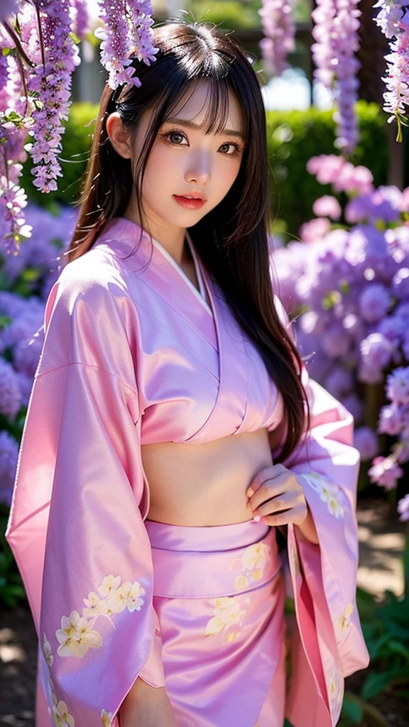 (Purple kimono)、（Get on all fours and stick your butt out）、(top-quality,​masterpiece:1.3,超A high resolution,),(ultra-detailliert,Caustics),(Photorealsitic:1.4,RAW shooting,)Ultra-realistic capture,A highly detailed,high-definition16Kfor human skin、 Natural Skin Texture、、The skin looks healthy with an even tone、 Use natural light and color,One Woman,japanes,kawaii,A dark-haired,very big hair,(depth of fields、chromatic abberation、、Wide range of lighting、Natural Shading、)、(Cherry blossoms in the air:1.2)、(Hair swaying in the wind:1.2)、(Cherry blossoms reflect light:1.1)、Cleavage can be seen through the exposed kimono、Legs visible through exposed kimono（Red garter belt、Crotch visible through exposed kimono、Kneel, spread your legs and look up、(Hair swaying in the wind:1.2)、 Background with: cherry trees、Perfect anatomical body proportions with legs spread:2.8、small red micro panties、Panty shot from the front、Facing forward、 M-shaped legs:2.8、wide open the crotch、Bend your knees、(Legs wide open)、open thigh、Lifting the buttocks to the limit、Yellow water drips from genitals、garterbelts